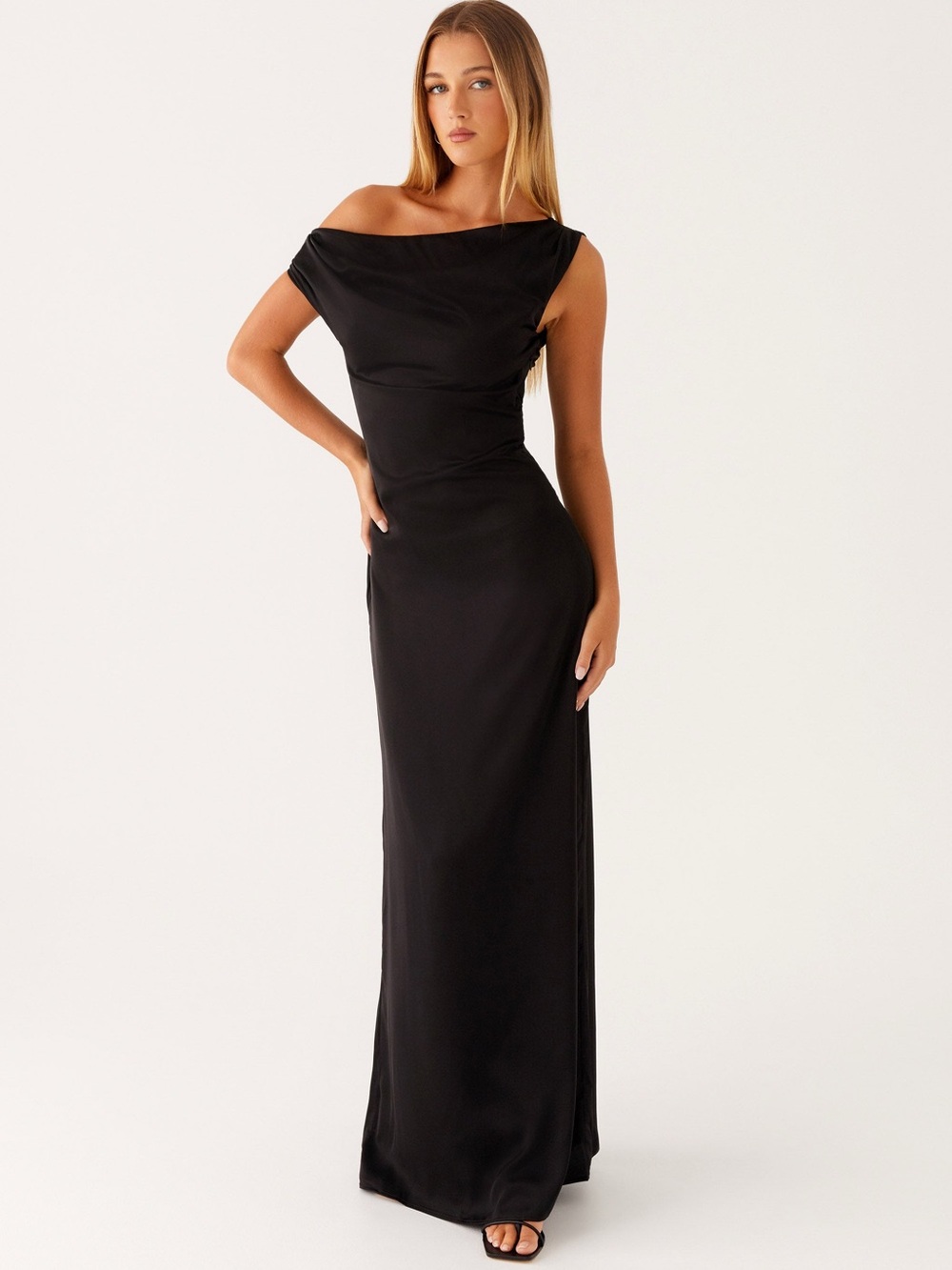 Peppermayo Black One-Shoulder Satin Evening Dress